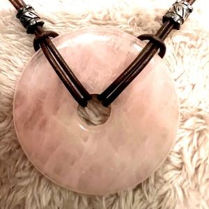Large Rose Quartz Circular Stone on Leather Stand with Silver Closure